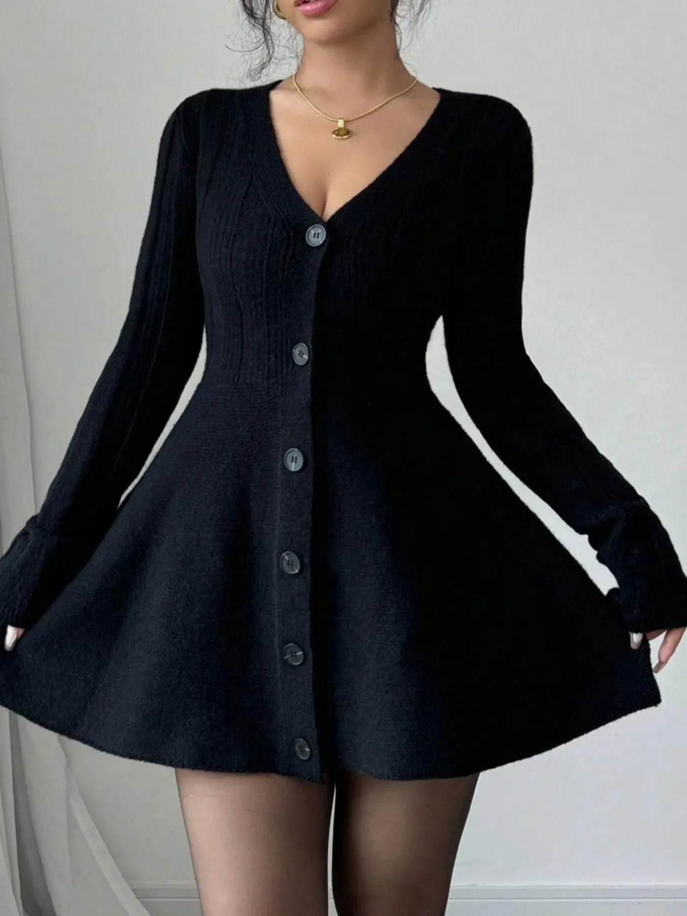 Black Knit V-Neck Button Dress