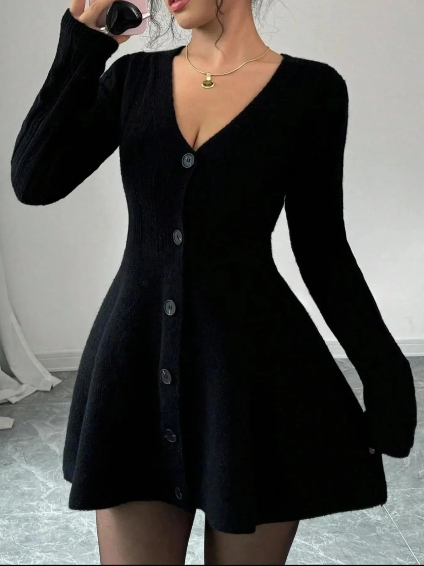 Black Knit V-Neck Button Dress