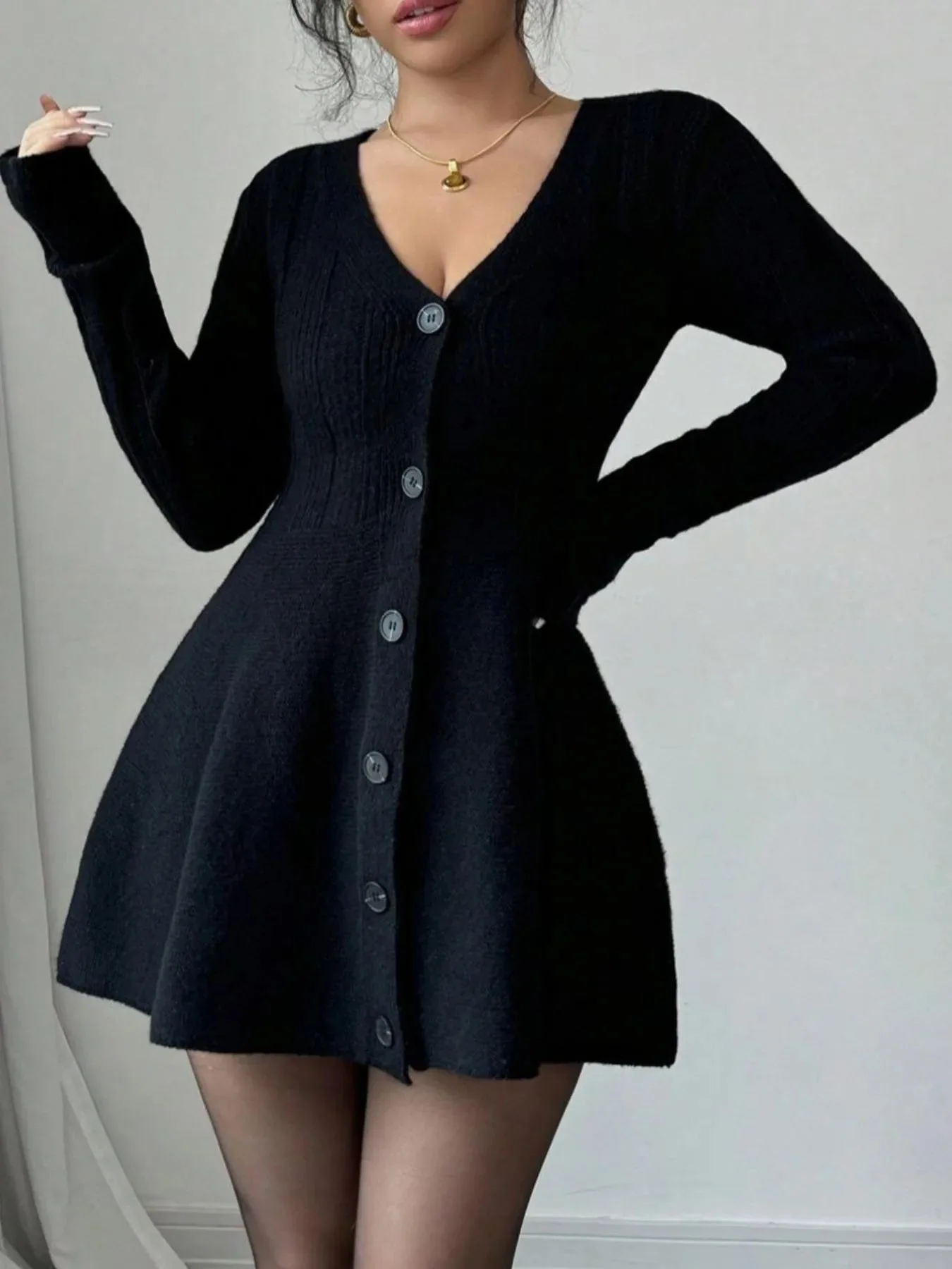 Black Knit V-Neck Button Dress