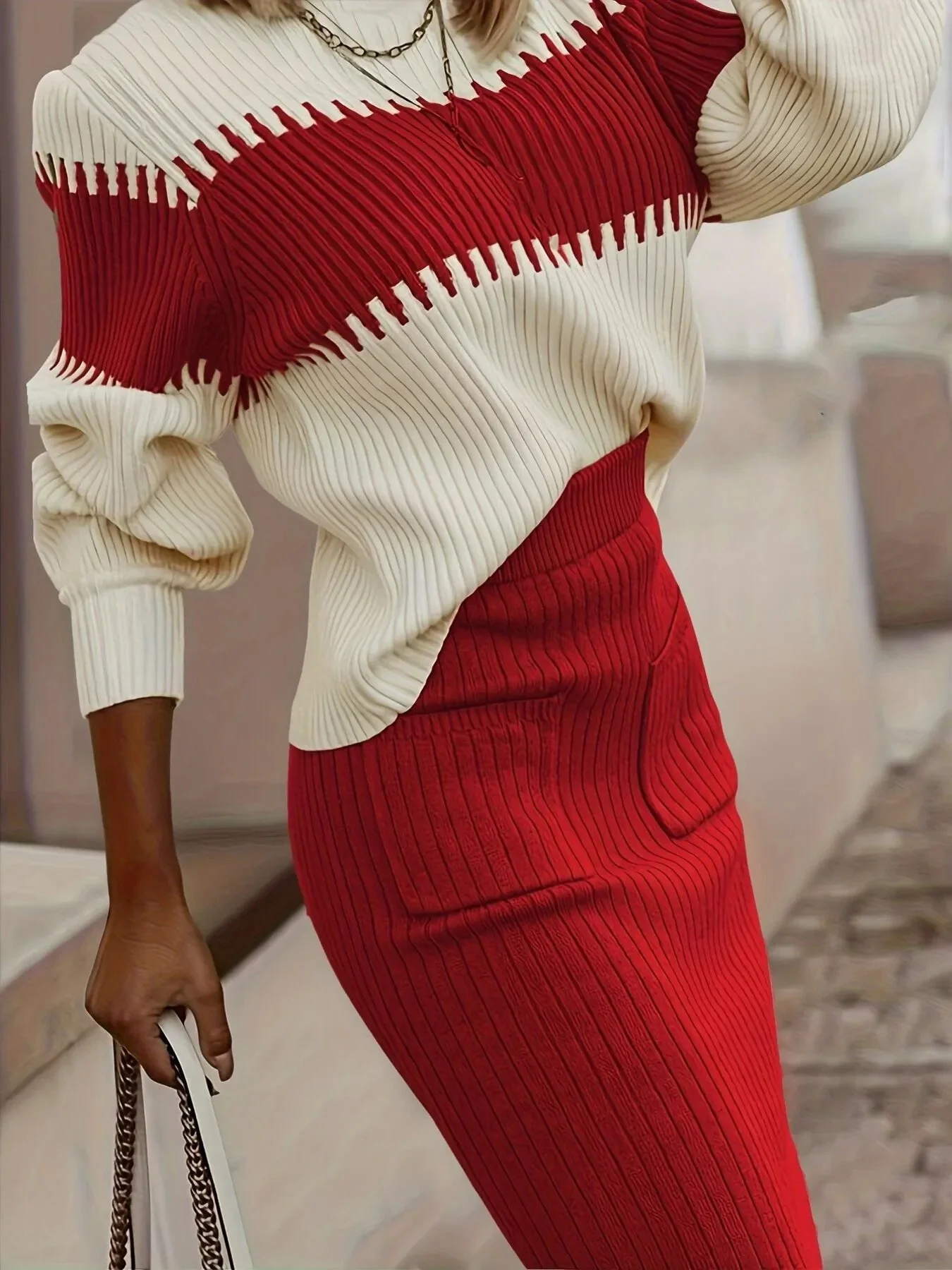 Ribbed Knit Red Cream Sweater Set