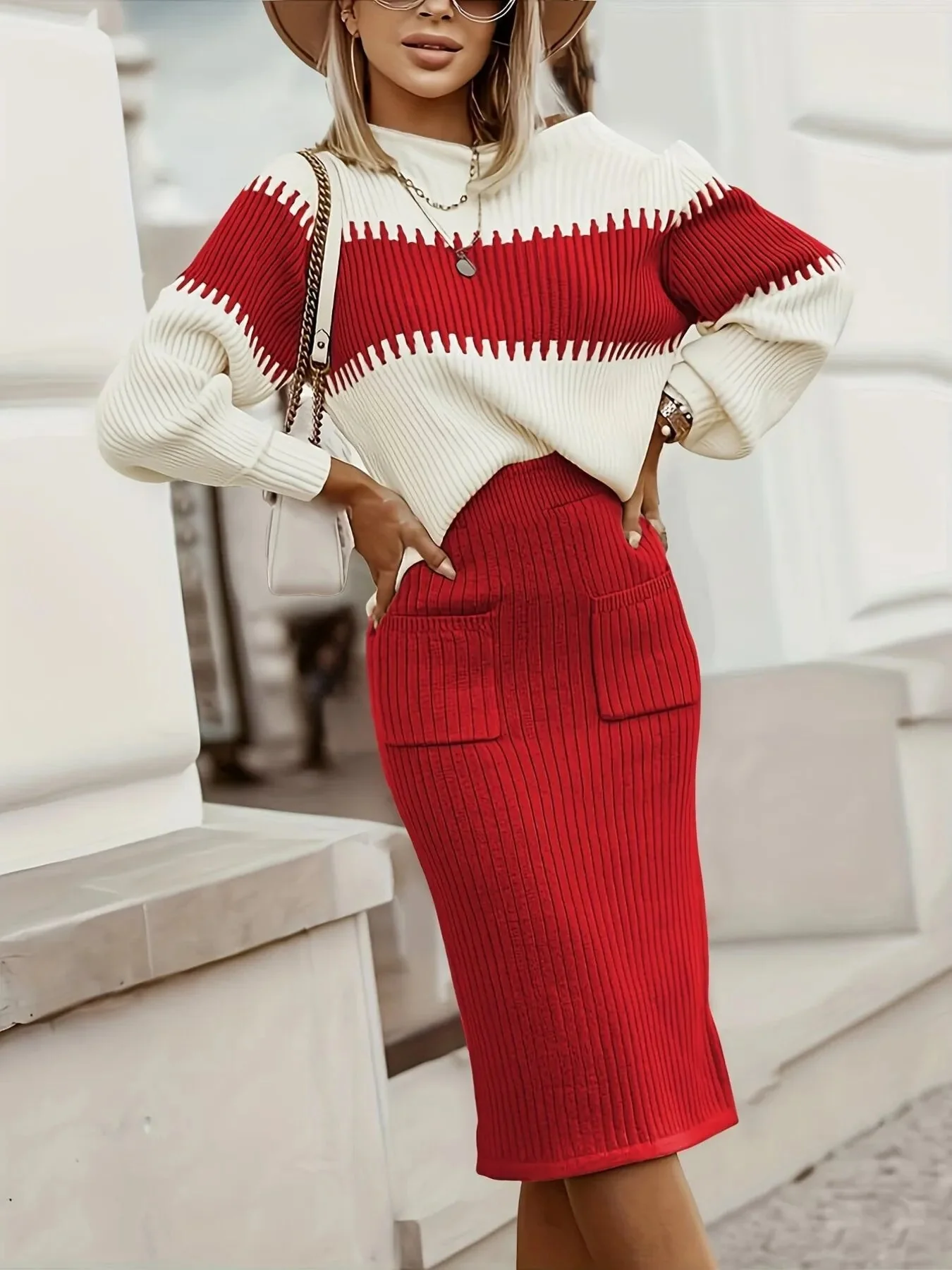 Ribbed Knit Red Cream Sweater Set