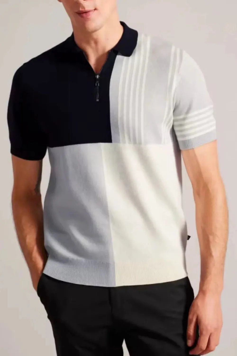 Mens Color Block Polo Shirt Plus Size Black & Taupe Options