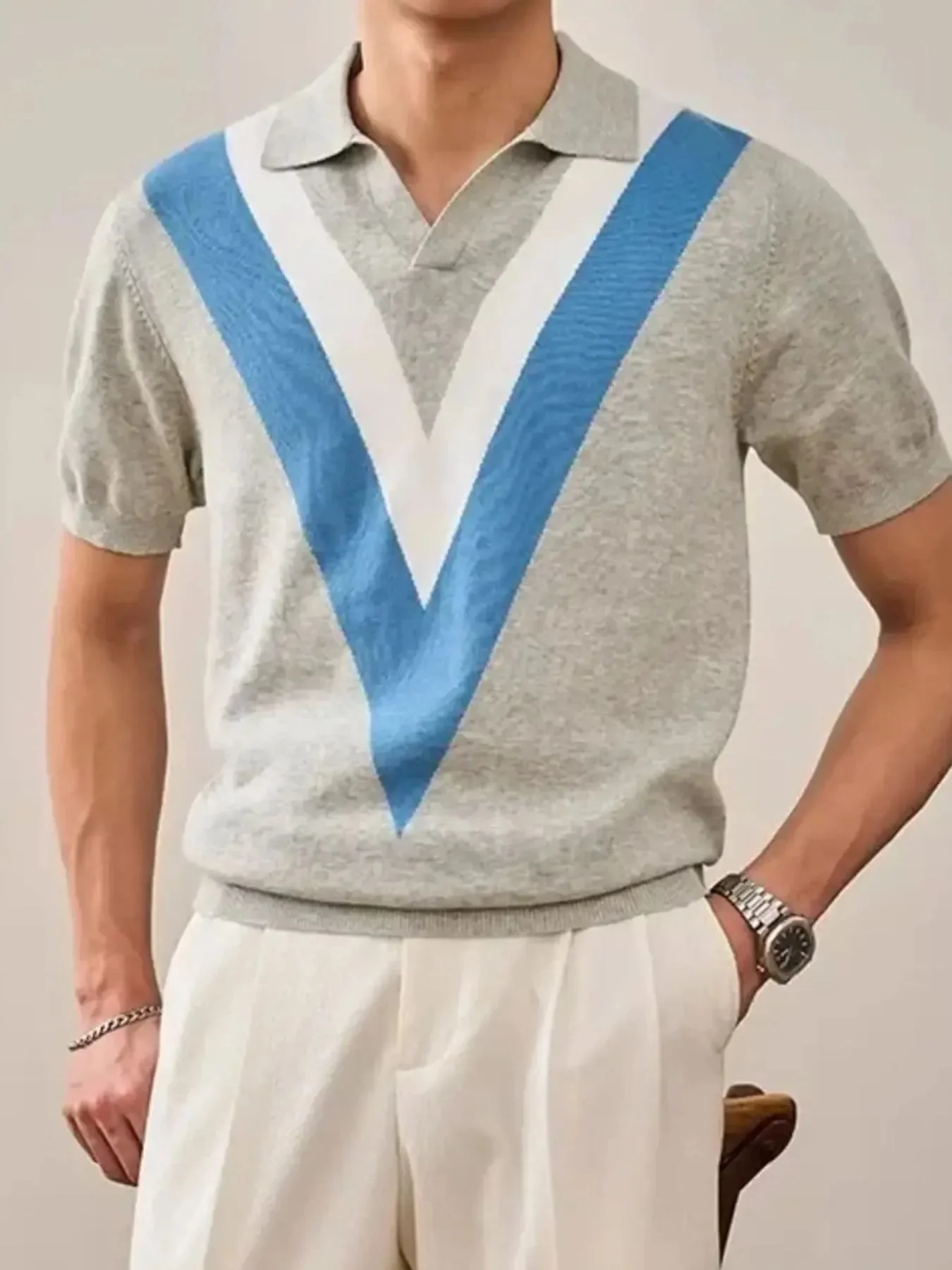 Mens V-Pattern Polo Shirt in Contrast Knit Fabric