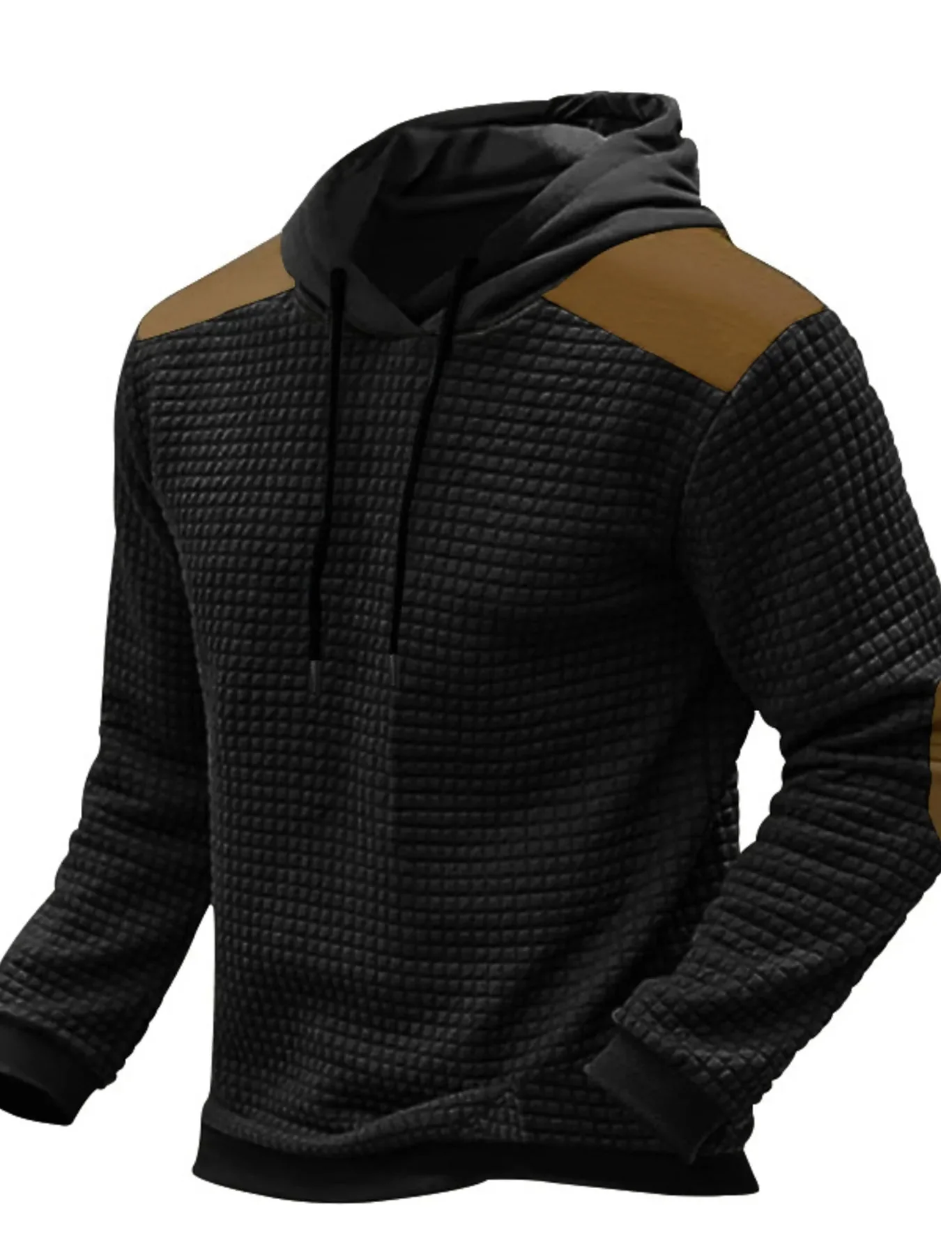 Drawstring Waffle-Knit Hoodie with Contrast Panels - Plus Size