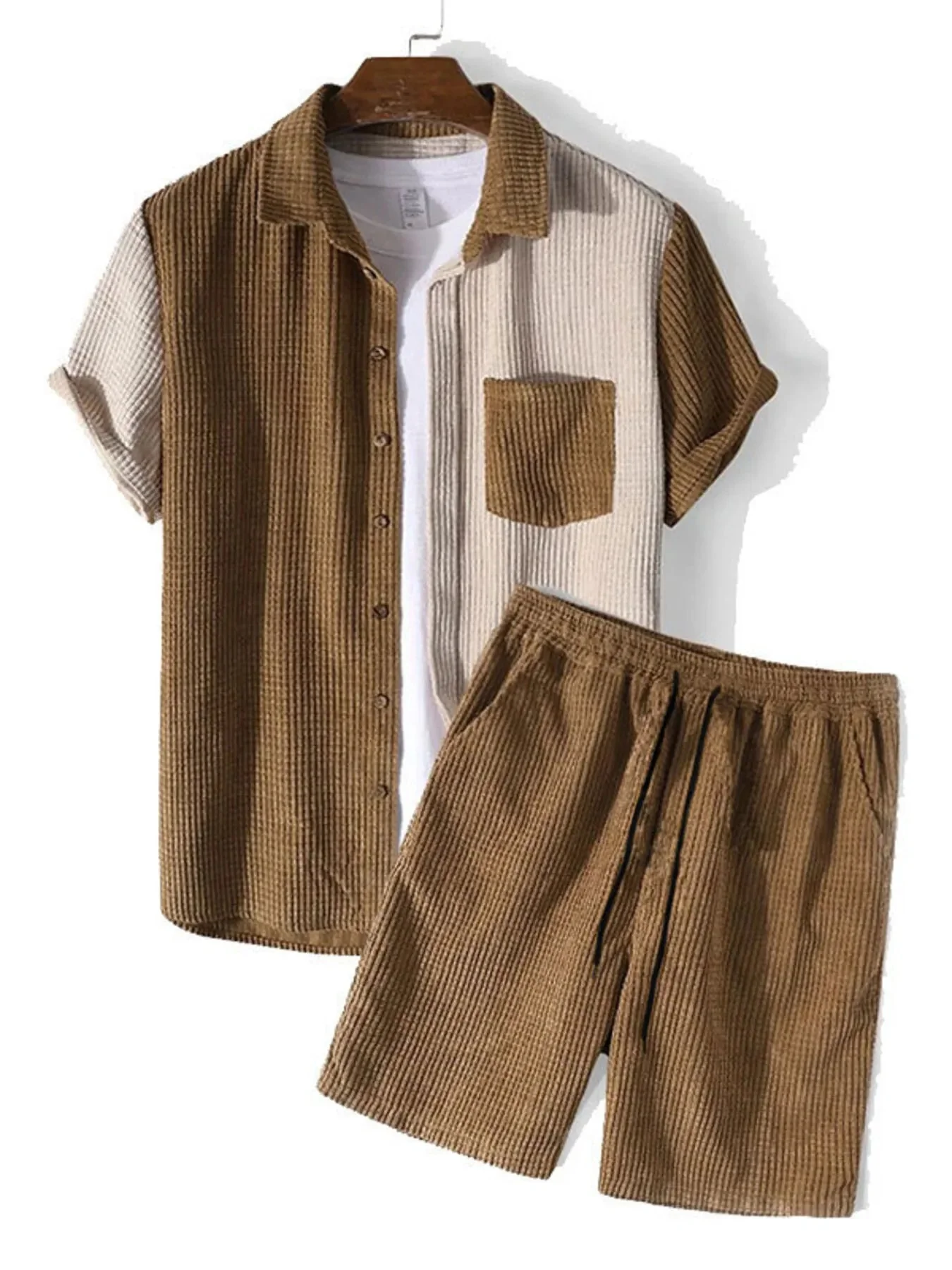 Mens Contrast Shirt and Shorts Set in Brown - Two-Piece