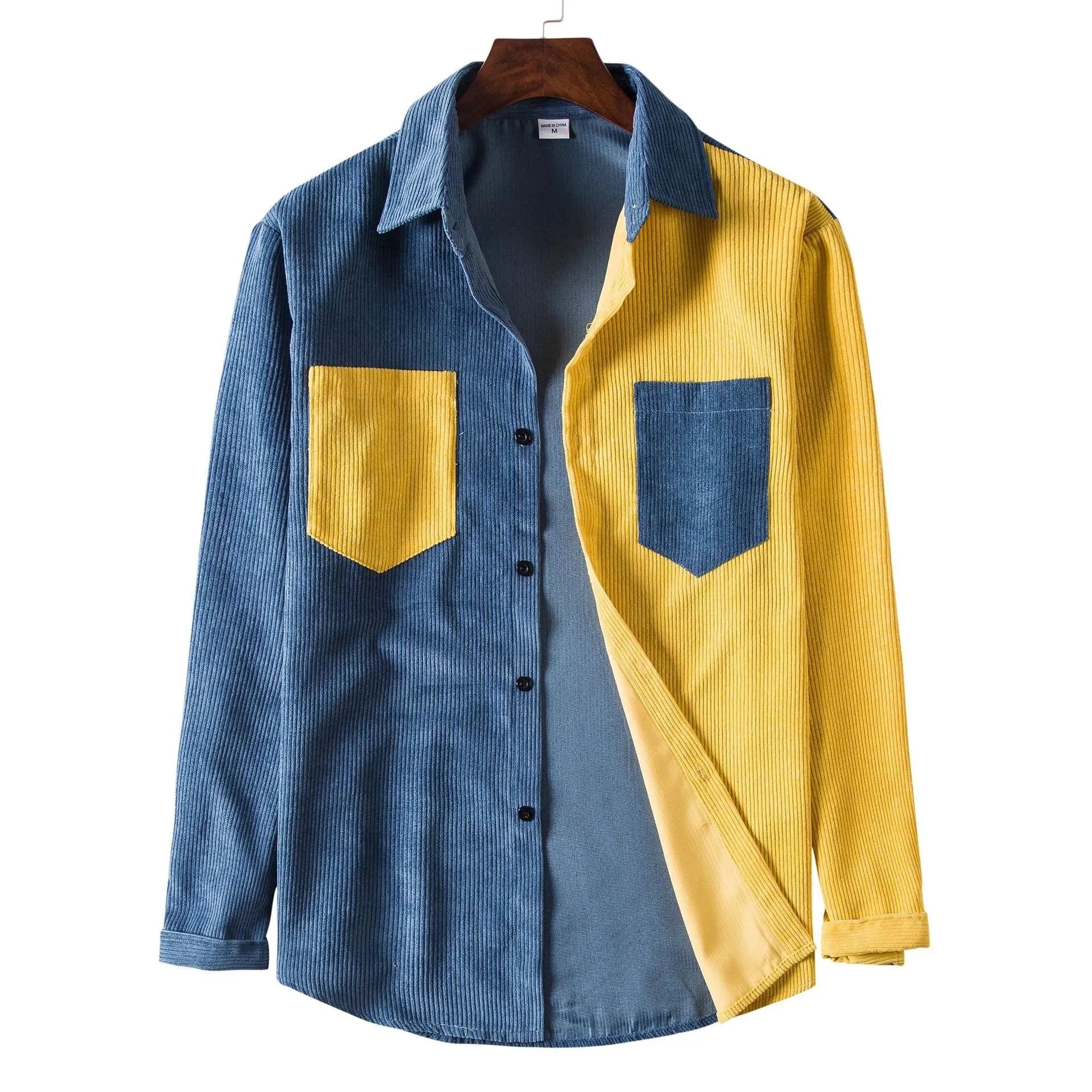 Mens Two-Tone Long Sleeve Shirt in Navy Blue and Yellow