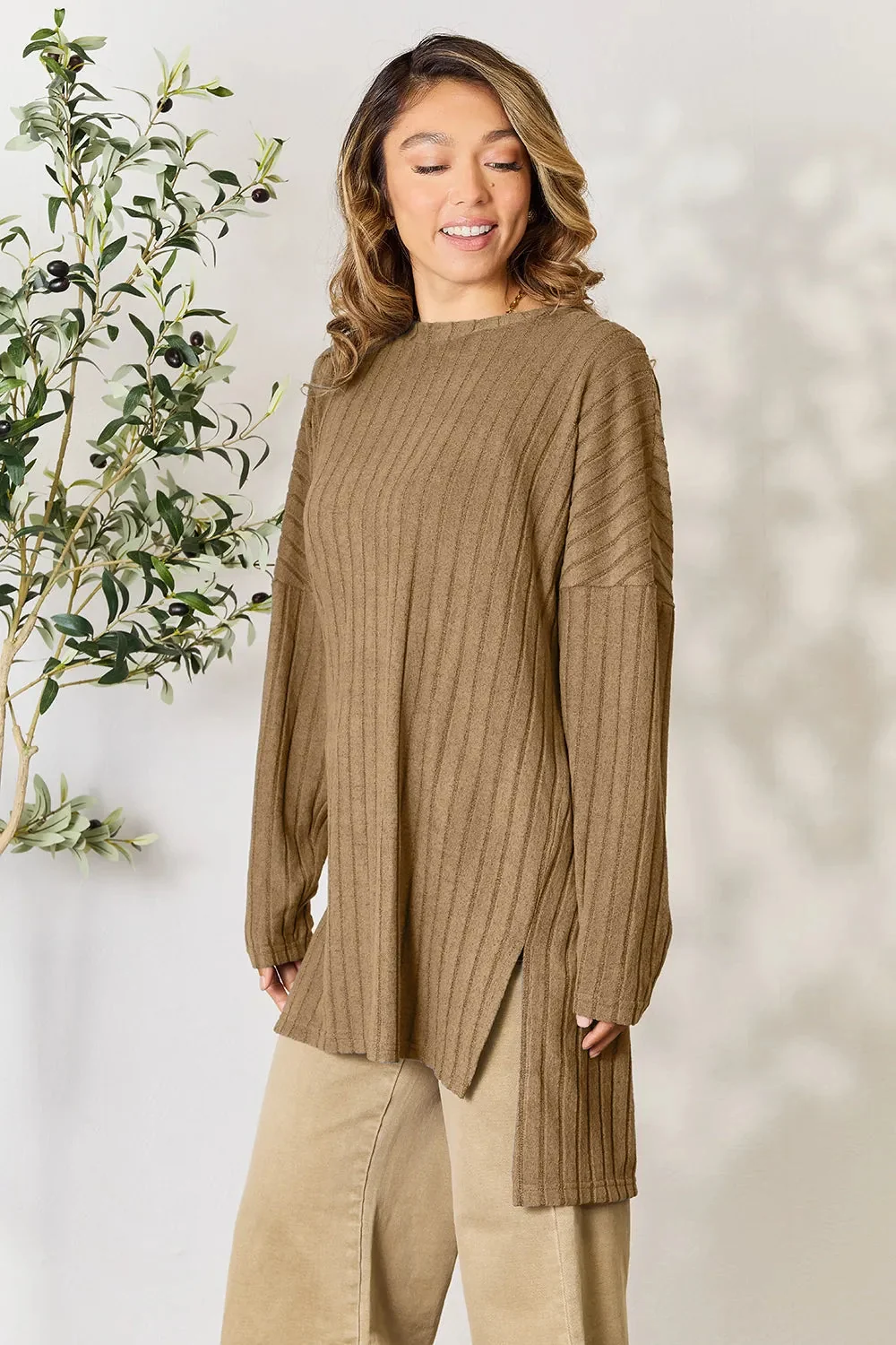 Ribbed Round Neck Long Sleeve Slit Top in Khaki
