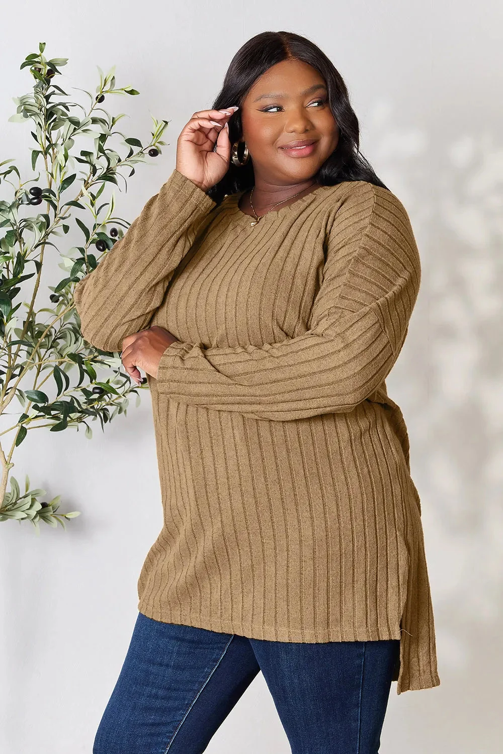 Ribbed Round Neck Long Sleeve Slit Top in Khaki