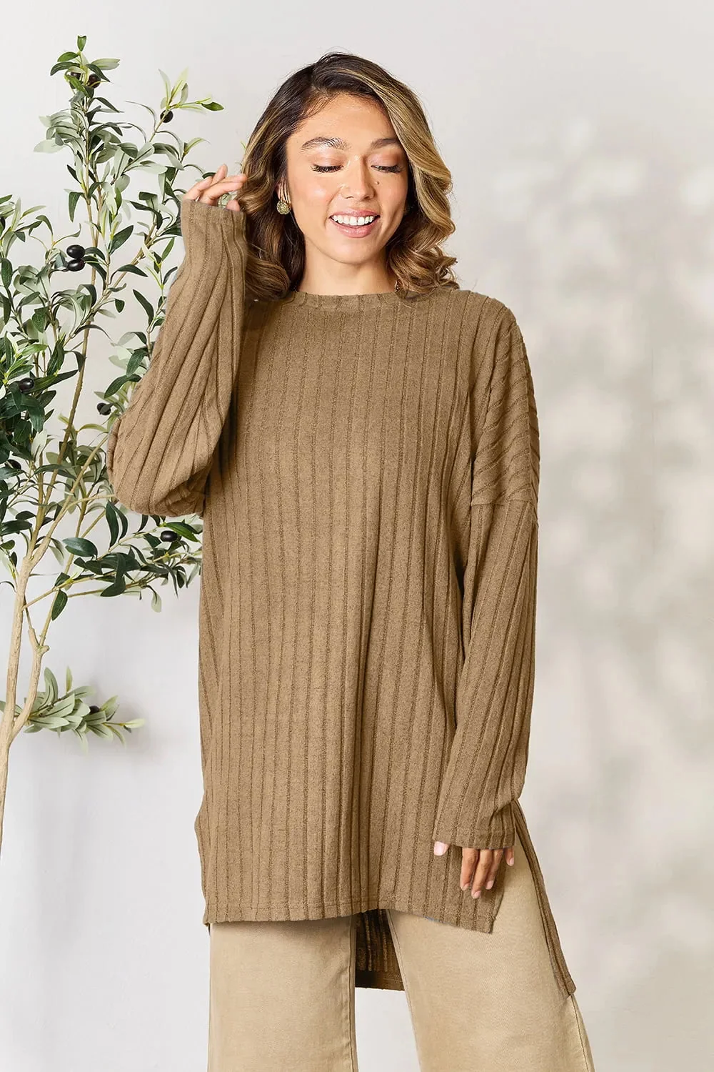 Ribbed Round Neck Long Sleeve Slit Top in Khaki