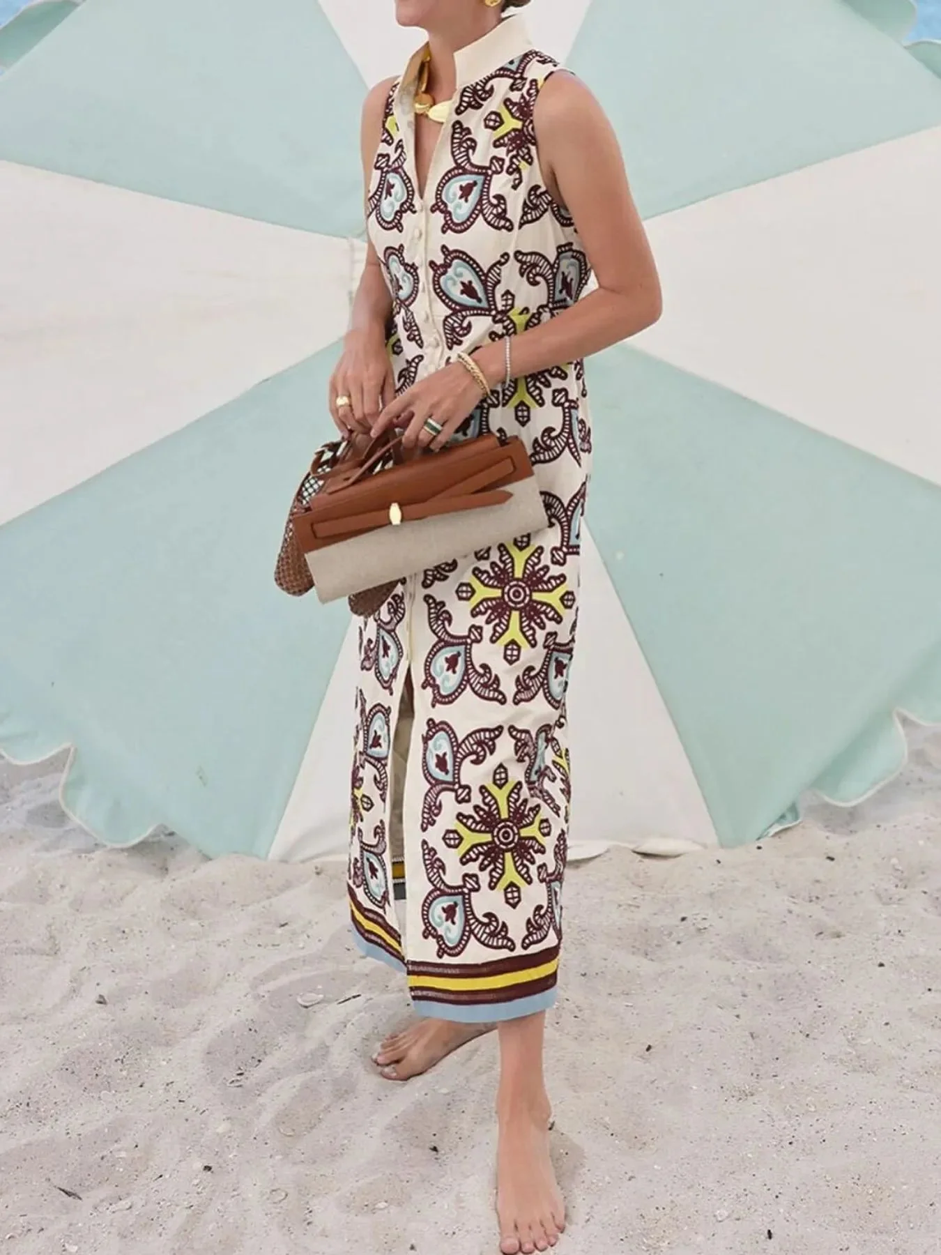 Sleeveless Button Front Printed Dress Cream Womens Casual Fashion