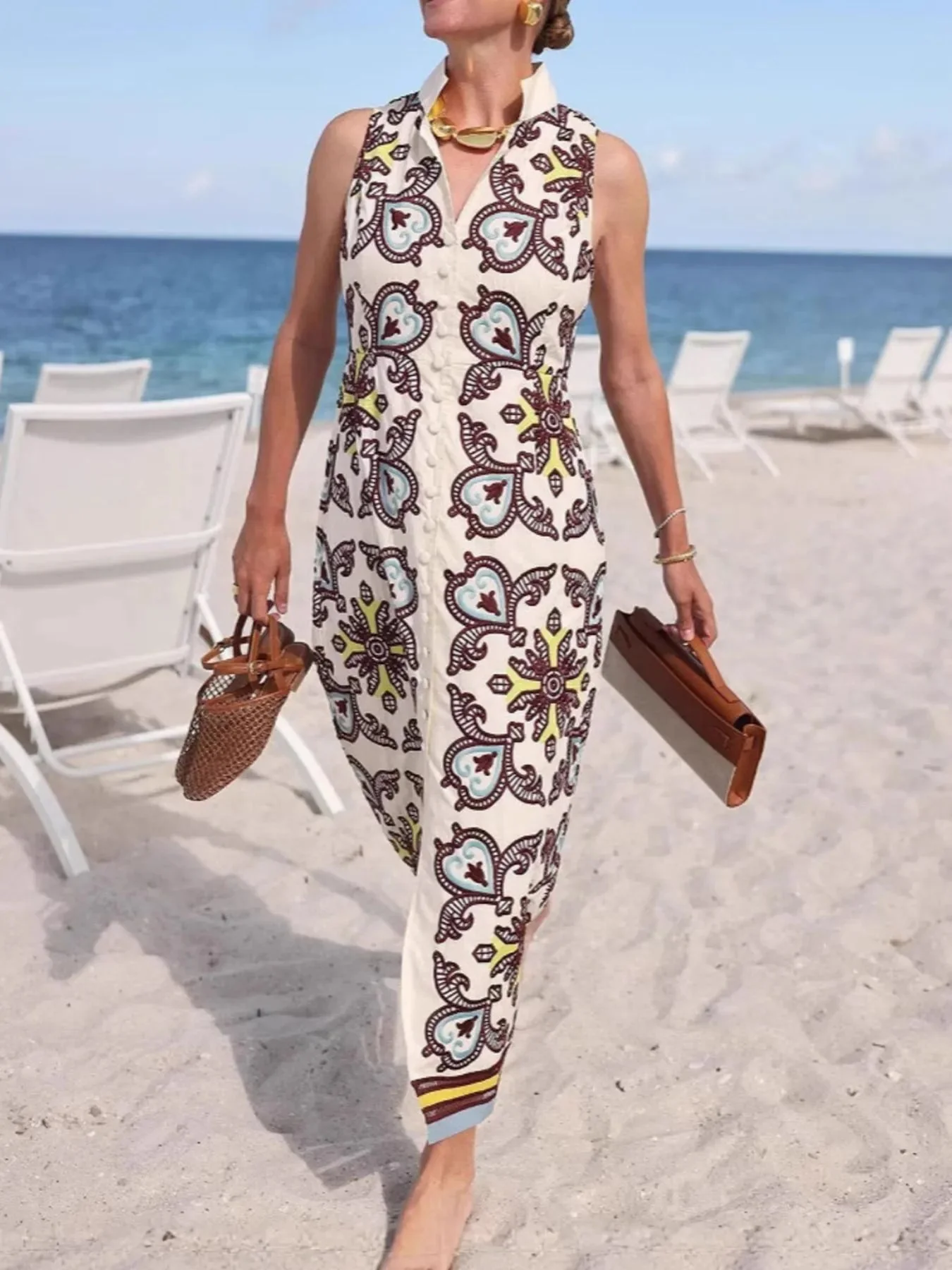 Sleeveless Button Front Printed Dress Cream Womens Casual Fashion