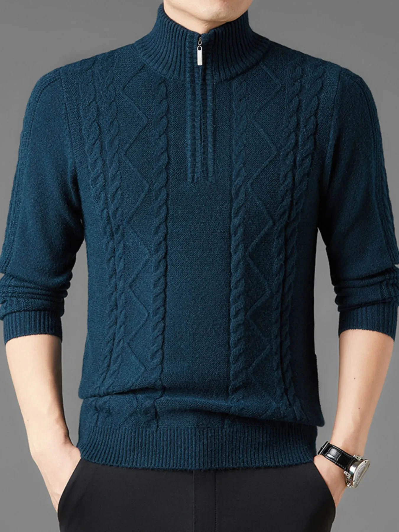 Mens Cable Knit Quarter-Zip Sweater - Stylish Winter Apparel