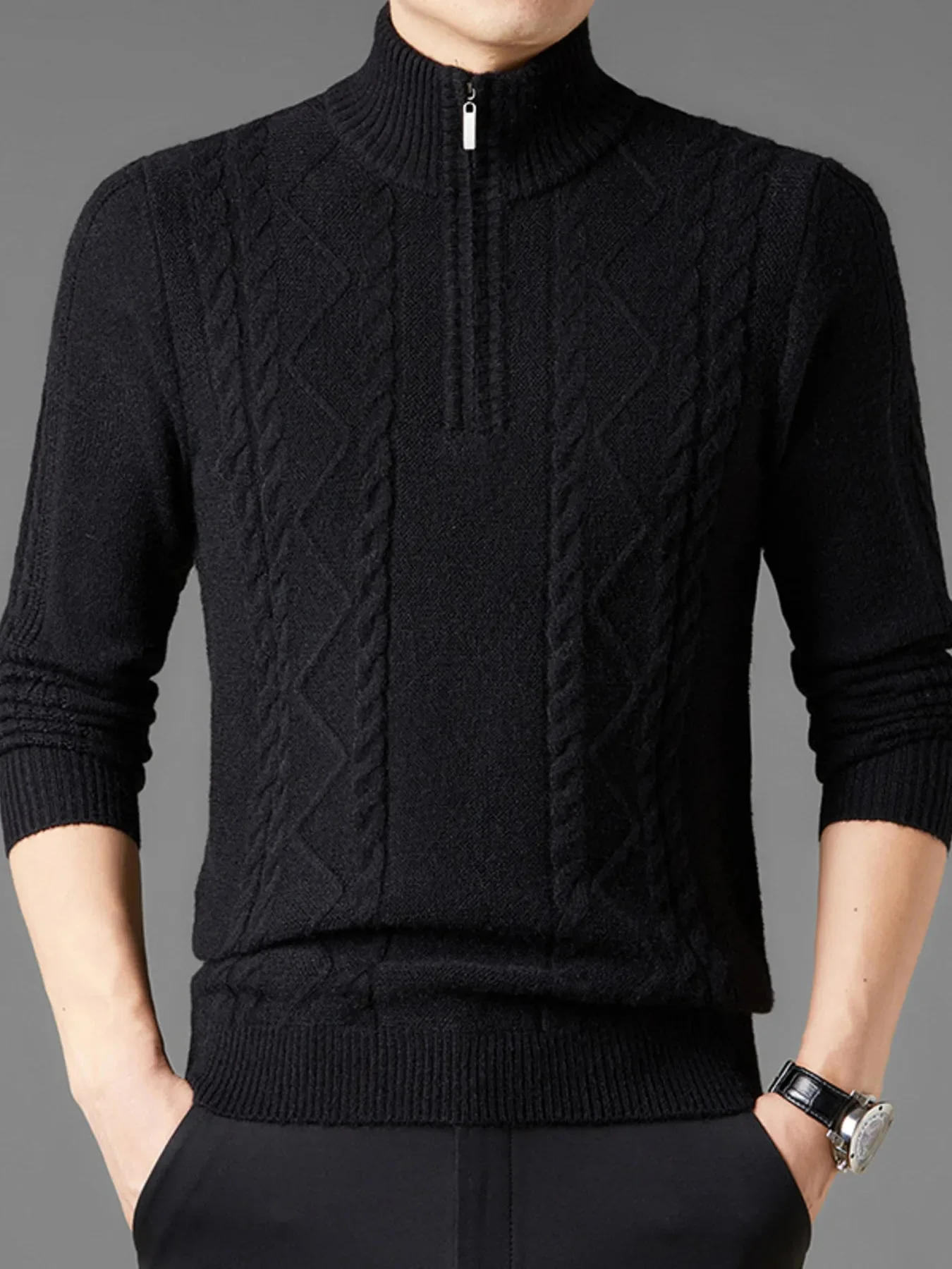 Mens Cable Knit Quarter-Zip Sweater - Stylish Winter Apparel