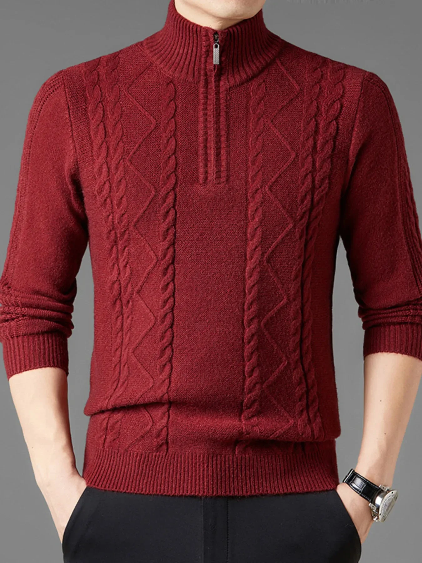 Mens Cable Knit Quarter-Zip Sweater - Stylish Winter Apparel