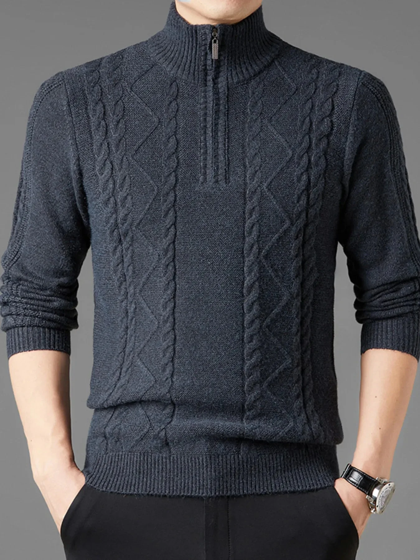 Mens Cable Knit Quarter-Zip Sweater - Stylish Winter Apparel