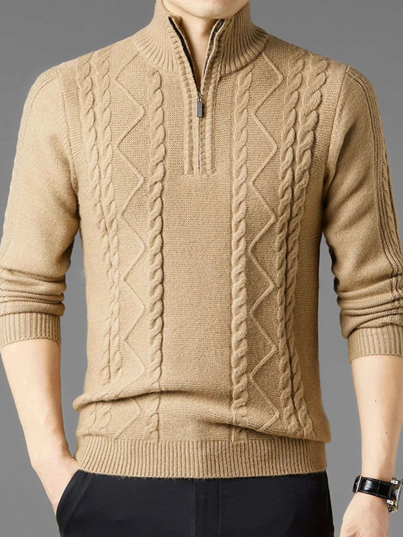 Mens Cable Knit Quarter-Zip Sweater - Stylish Winter Apparel
