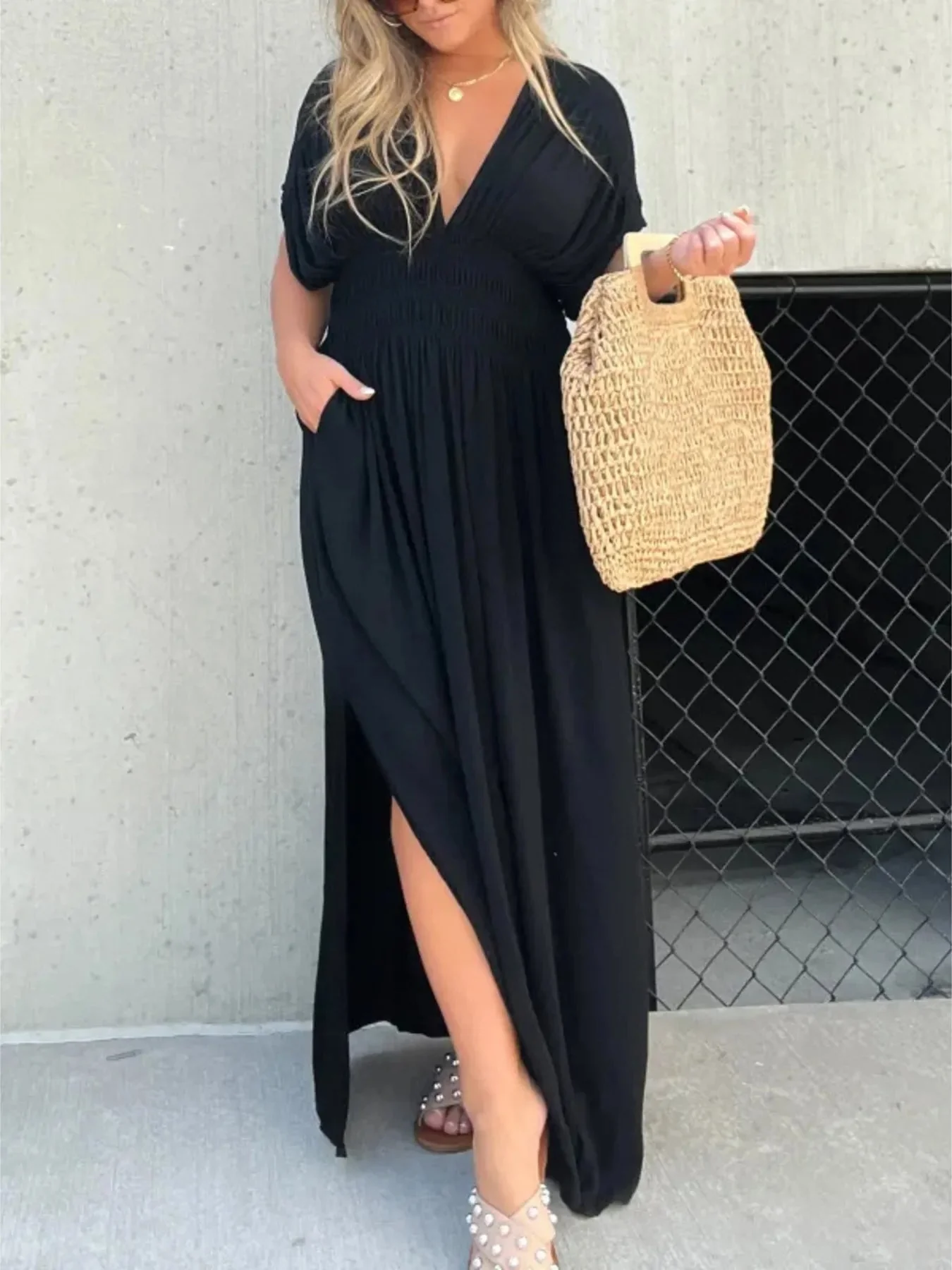 Black V-Neck Maxi Dress with Side Slit, Plus Size Womens Clothing