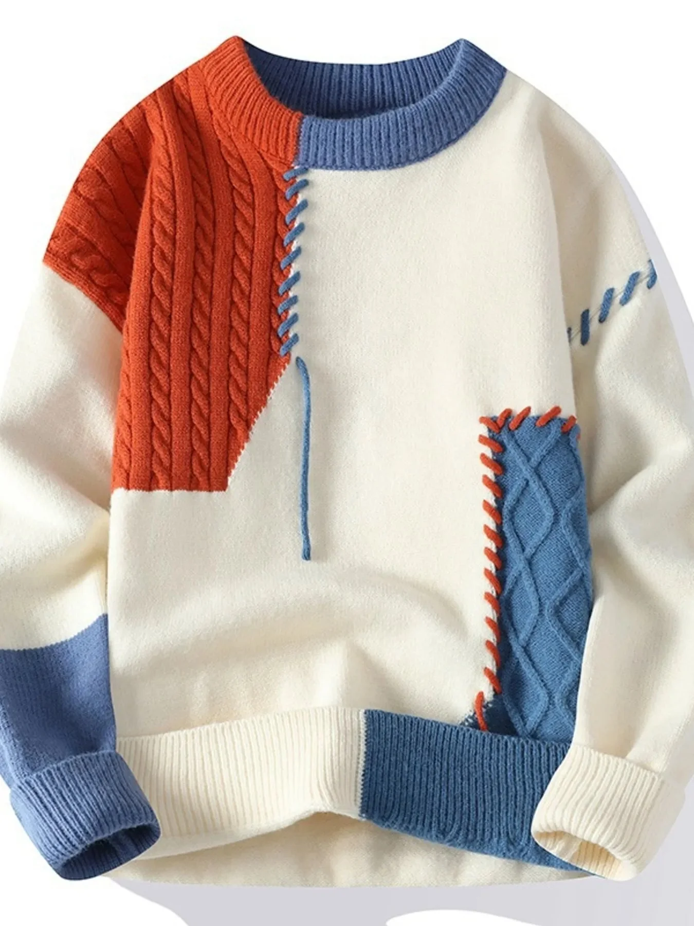 Mens Cable Knit Sweater with Color Block Design