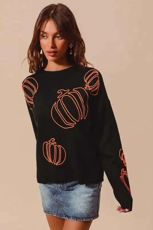 Orange Pumpkin Embroidered Halloween Sweater