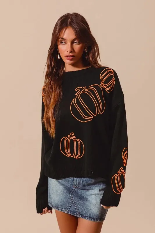 Orange Pumpkin Embroidered Halloween Sweater