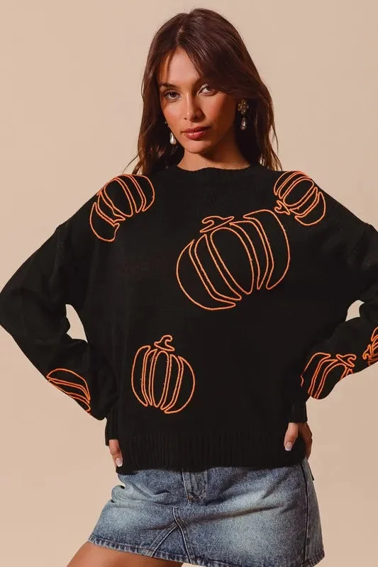 Orange Pumpkin Embroidered Halloween Sweater