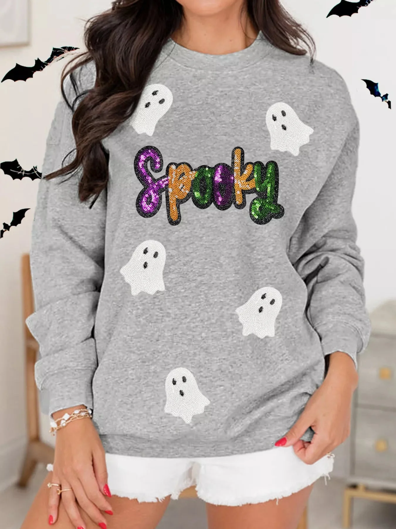 Spooky Ghost Sequin Halloween Sweatshirt Gray