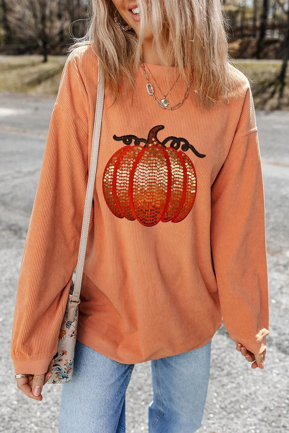 Sequin Pumpkin Long Sleeve Sweatshirt for Fall Fashion