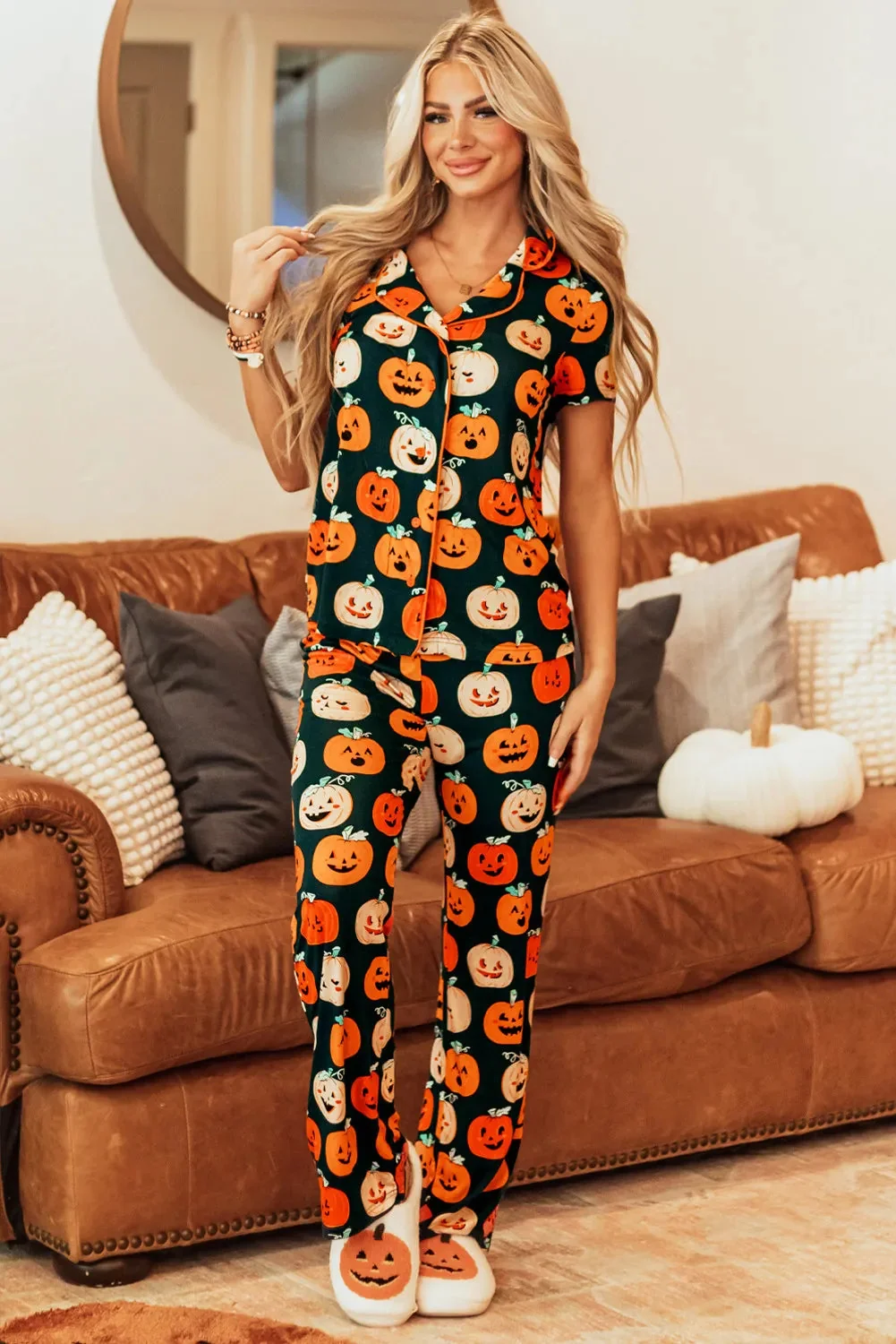 Pumpkin Print Lounge Set with Short Sleeve Top and Pants