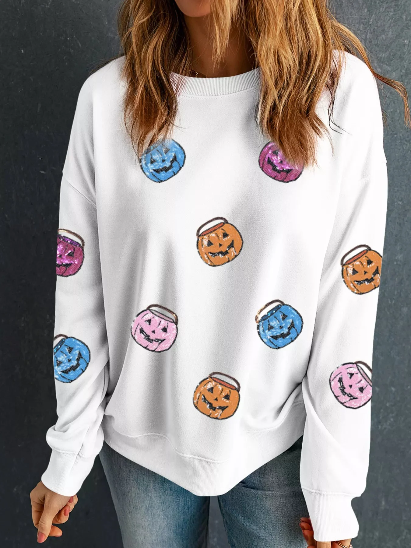 Pumpkin Sequin Patched Halloween Sweatshirt