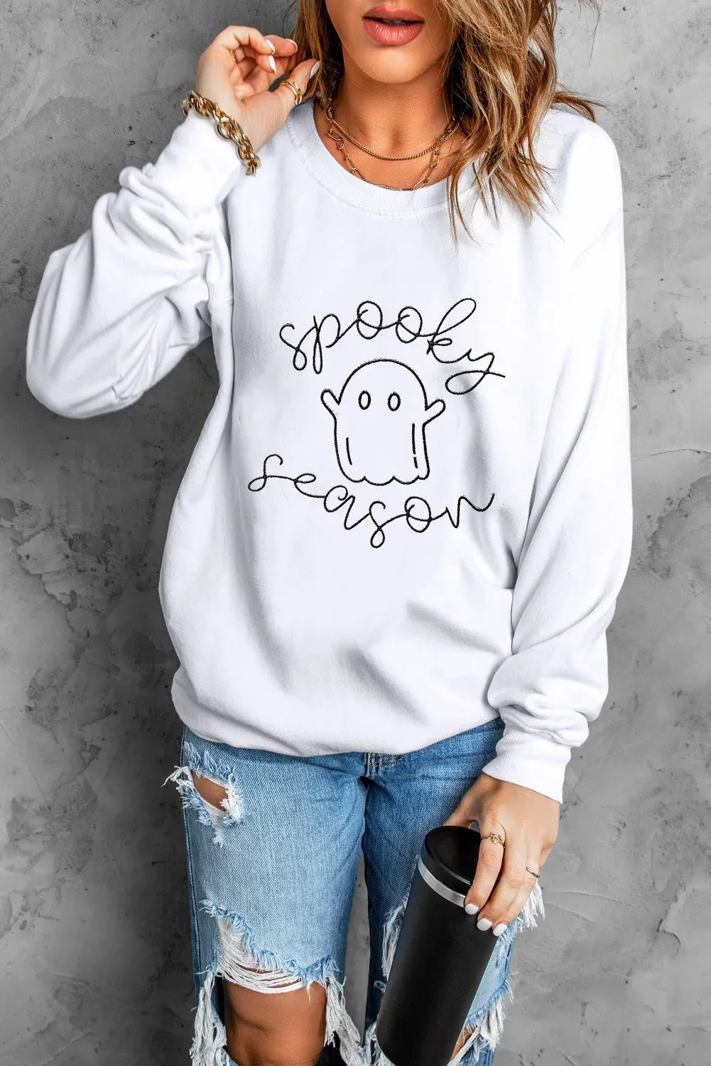 Ghost Graphic Long Sleeve Sweatshirt in White