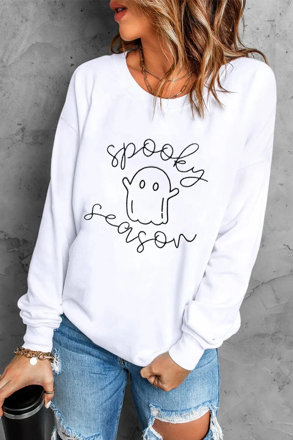 Ghost Graphic Long Sleeve Sweatshirt in White