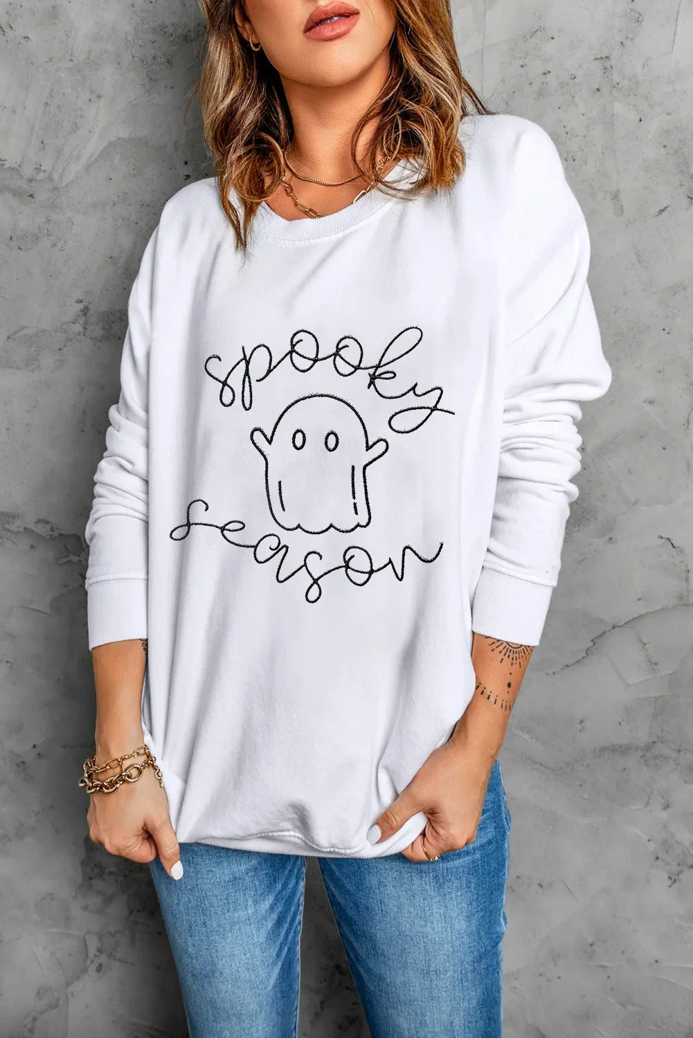 Ghost Graphic Long Sleeve Sweatshirt in White