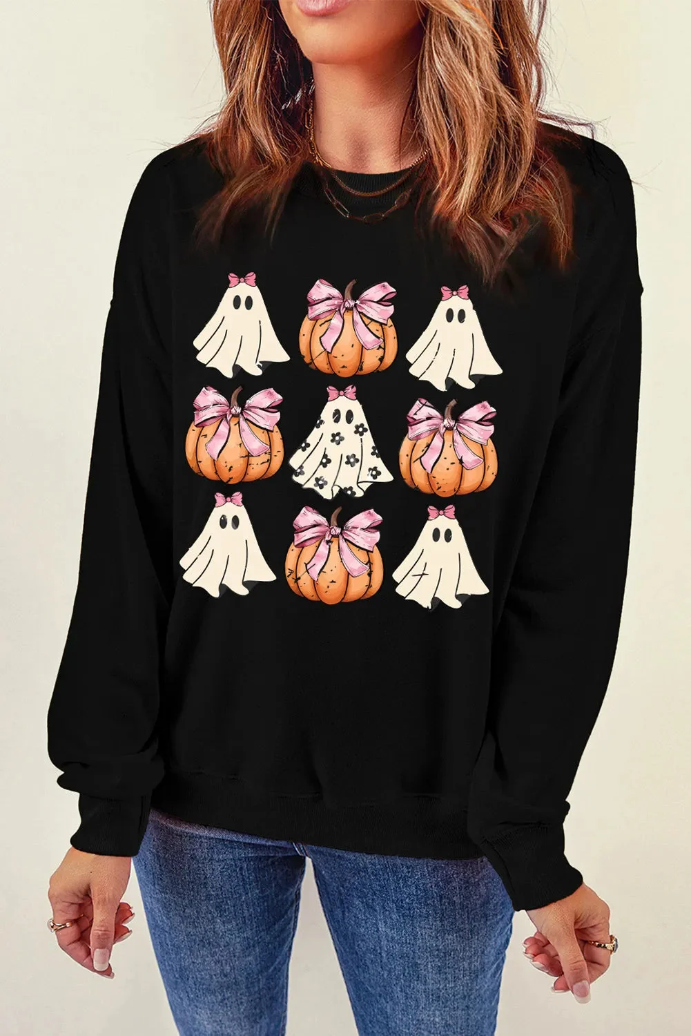 Pumpkin Ghost Print Long Sleeve Halloween Sweatshirt