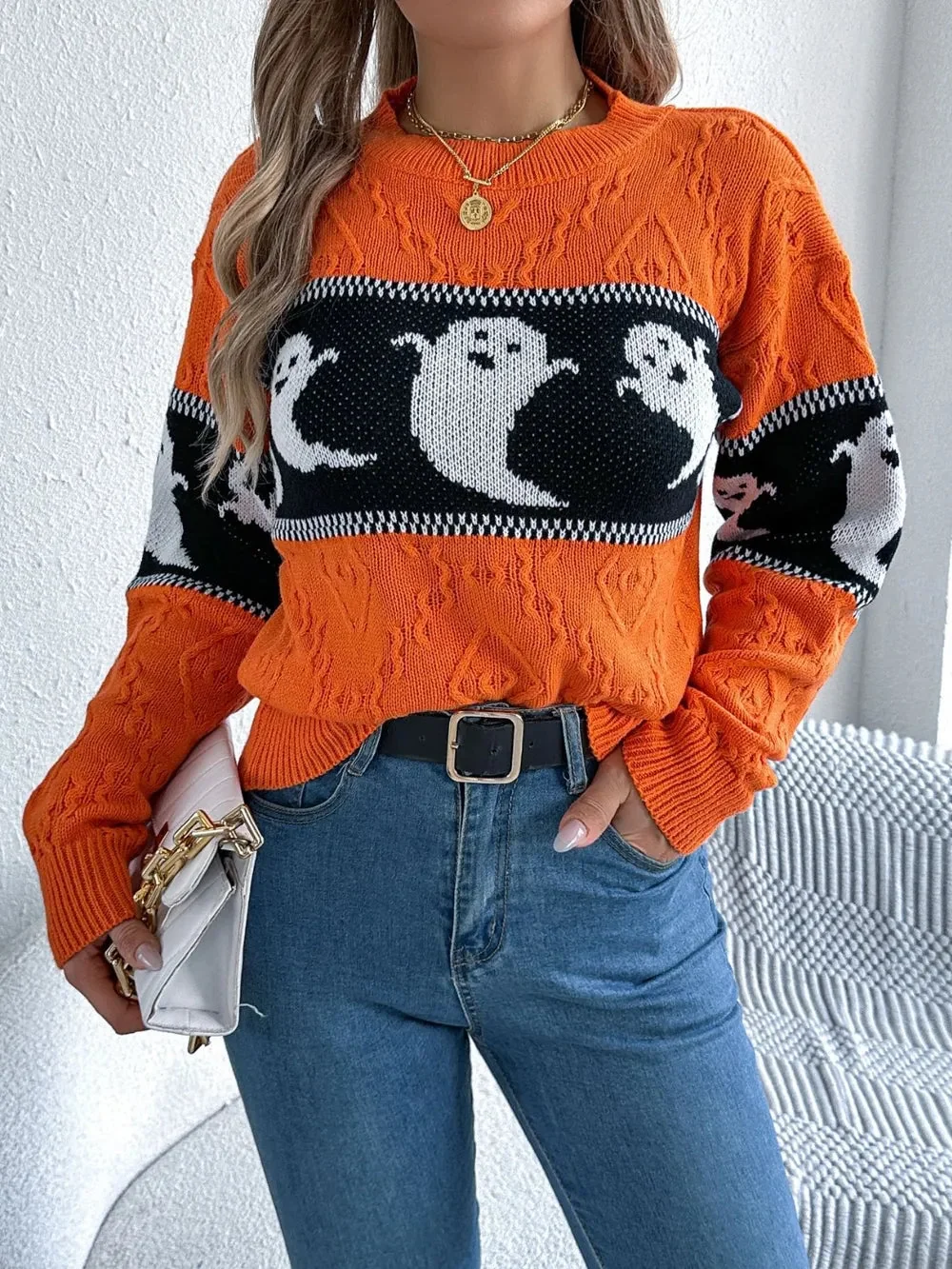 Cozy Halloween Ghost Knit Sweater for Men and Women