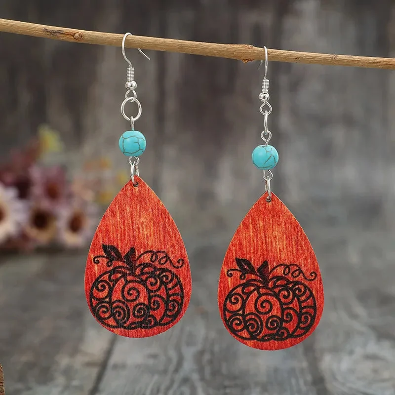 Teardrop Turquoise Wood Earrings - Fall Fashion Jewelry