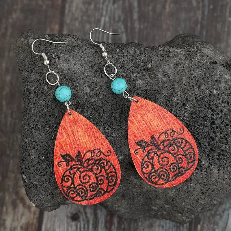 Teardrop Turquoise Wood Earrings - Fall Fashion Jewelry