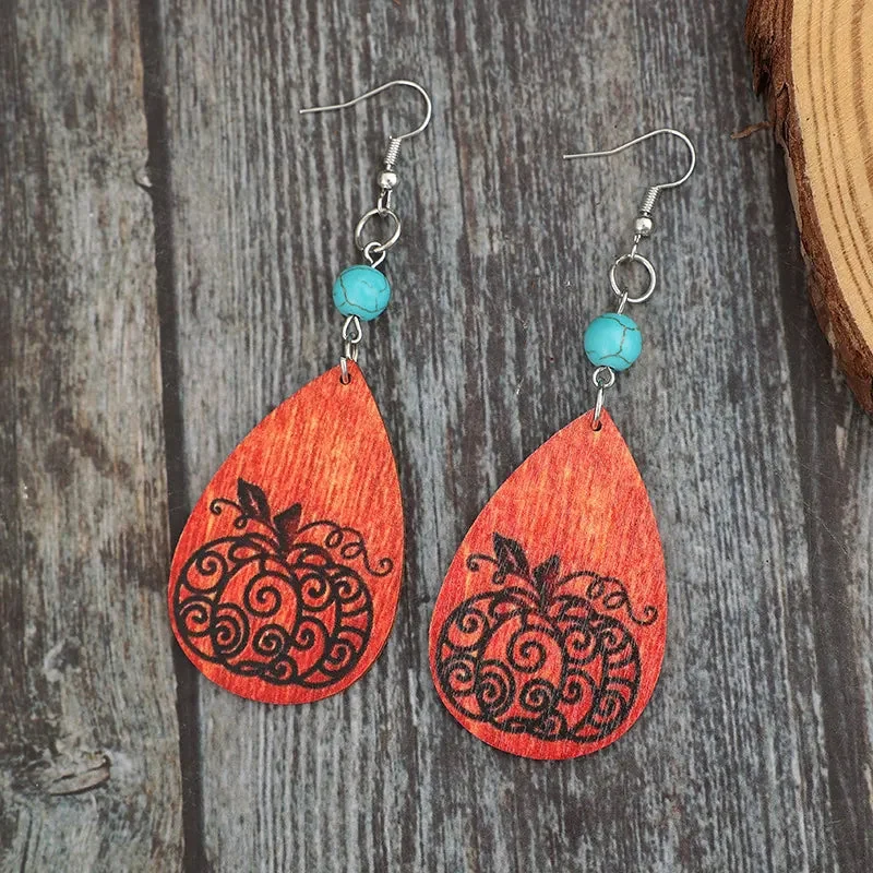 Teardrop Turquoise Wood Earrings - Fall Fashion Jewelry