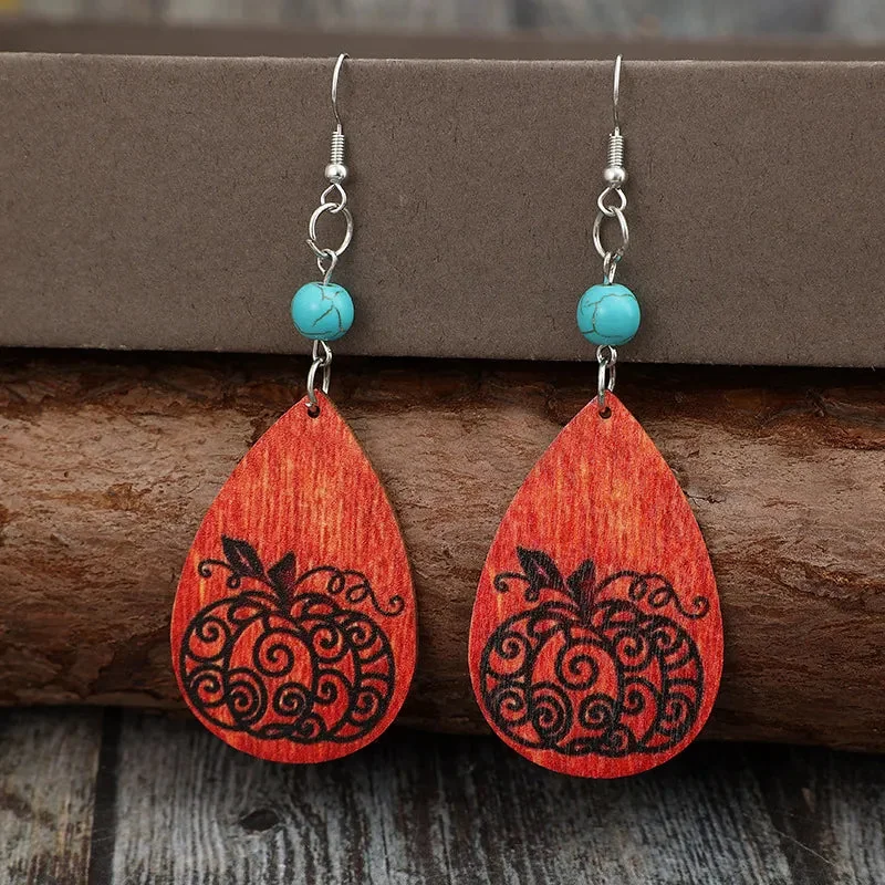 Teardrop Turquoise Wood Earrings - Fall Fashion Jewelry