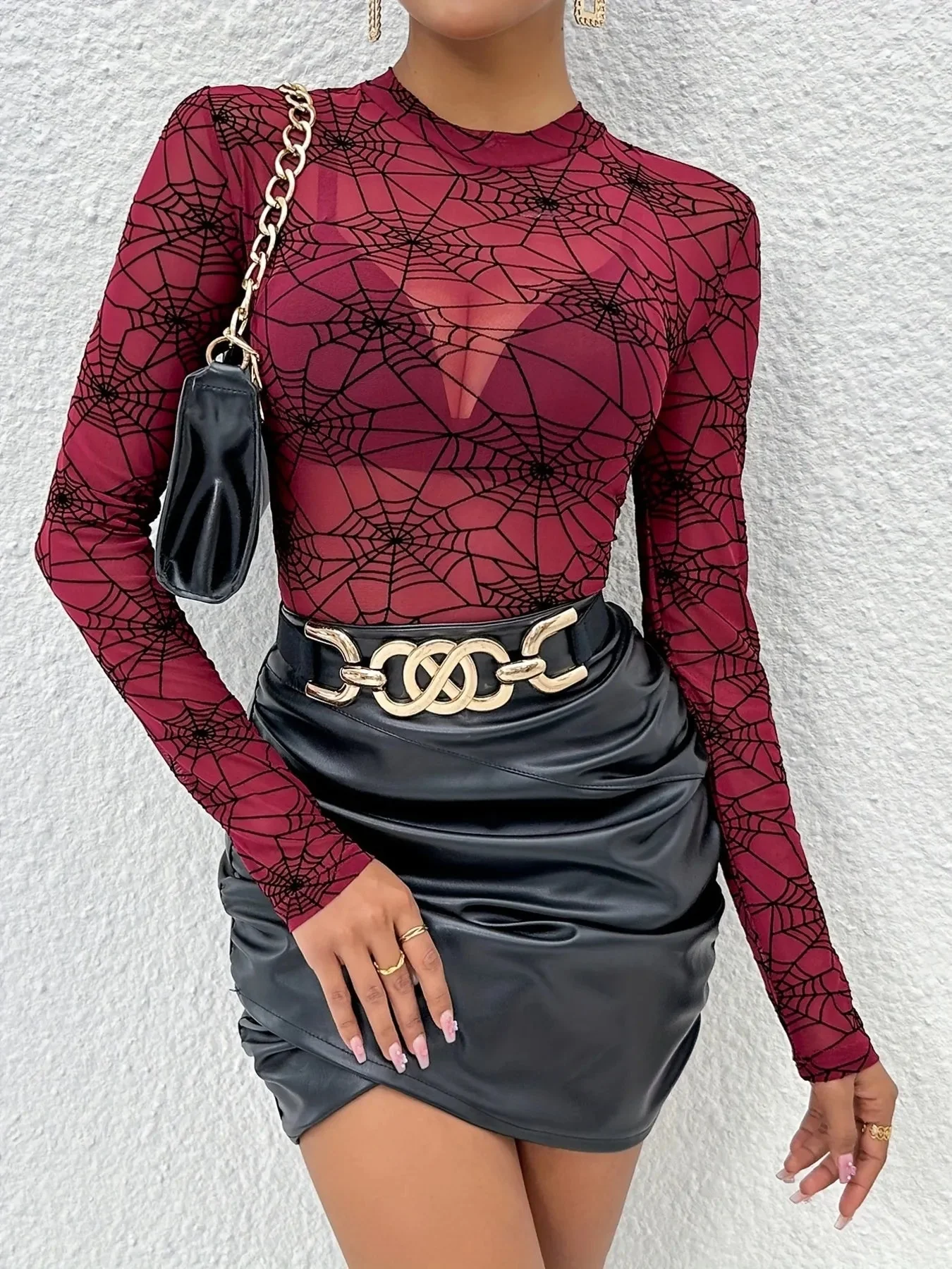 Sheer Spider Web Print Long Sleeve Blouse