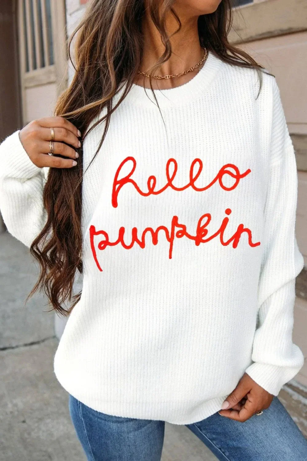 Cozy Round Neck Long Sleeve Sweater in Pumpkin Design