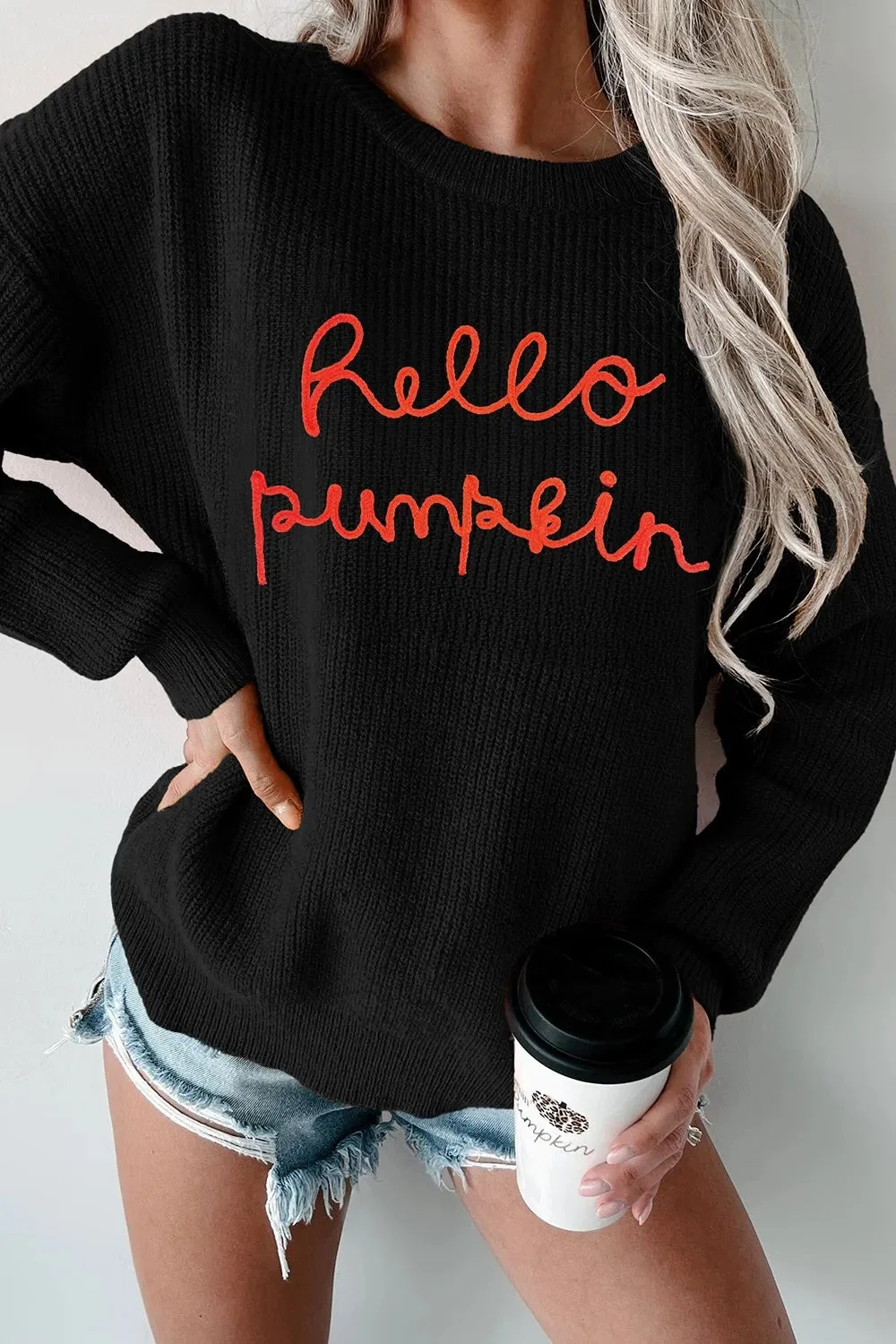 Cozy Round Neck Long Sleeve Sweater in Pumpkin Design