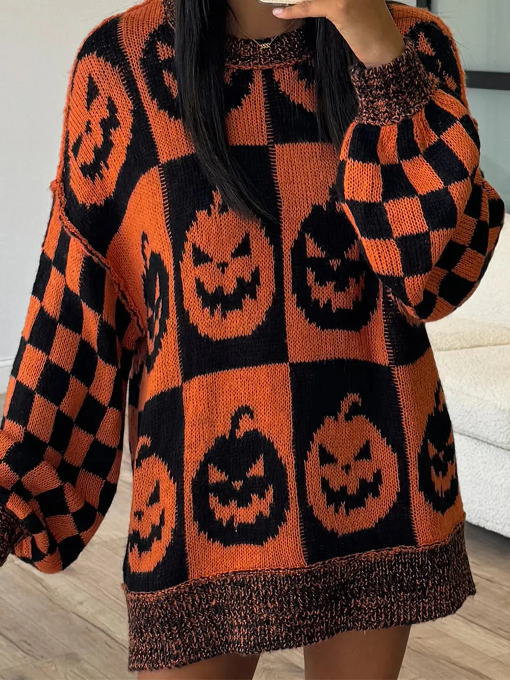 Pumpkin Print Long Sleeve Sweater - Ochre