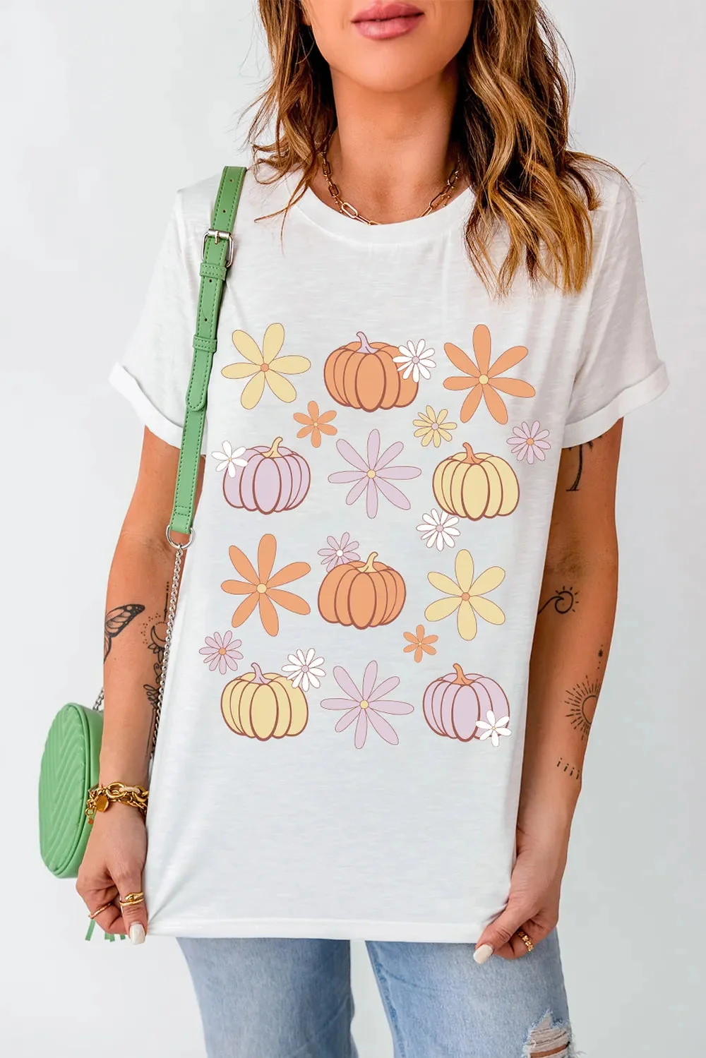 Floral Pumpkin Print Short Sleeve T-Shirt