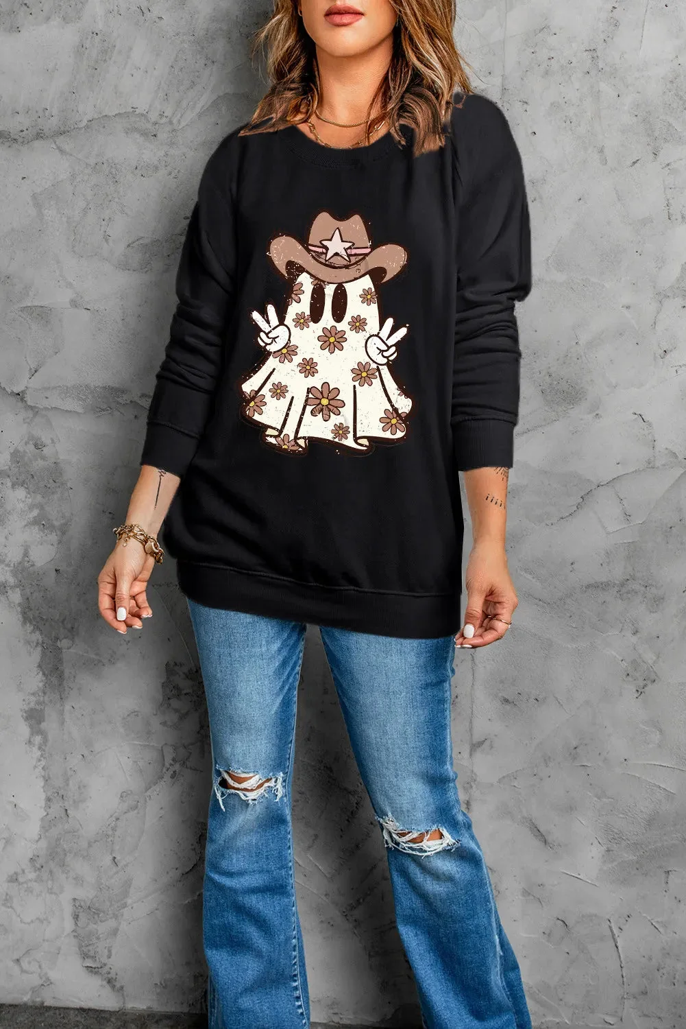 Halloween Ghost Print Long Sleeve Sweatshirt Black
