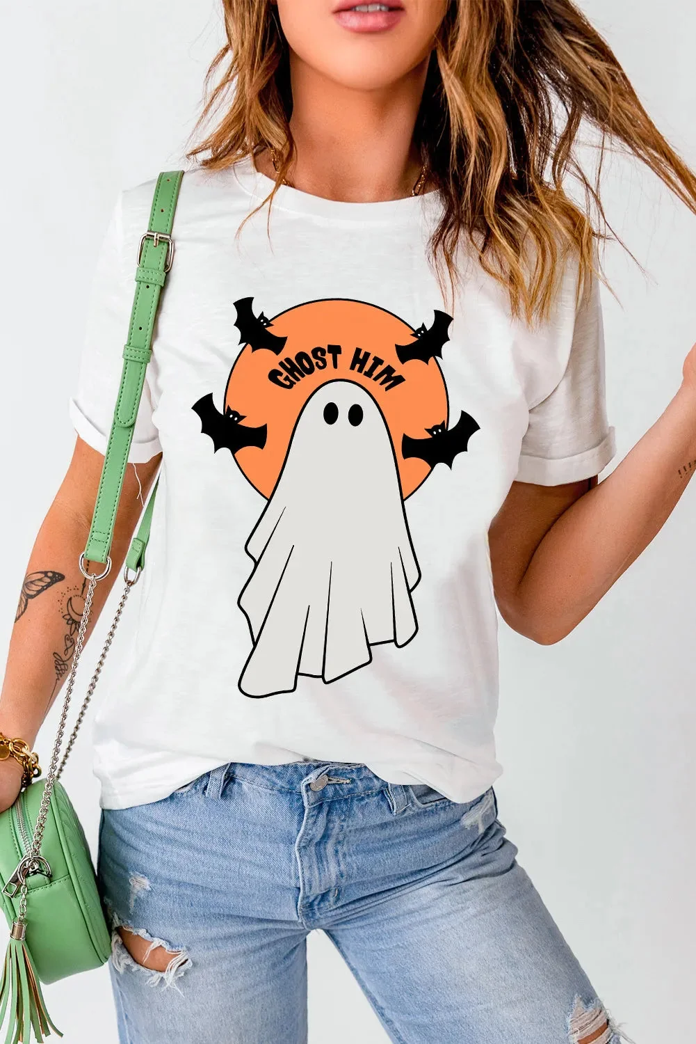 Ghost Round Neck Short Sleeve T-Shirt in White