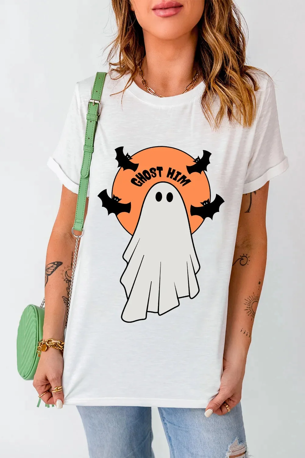 Ghost Round Neck Short Sleeve T-Shirt in White