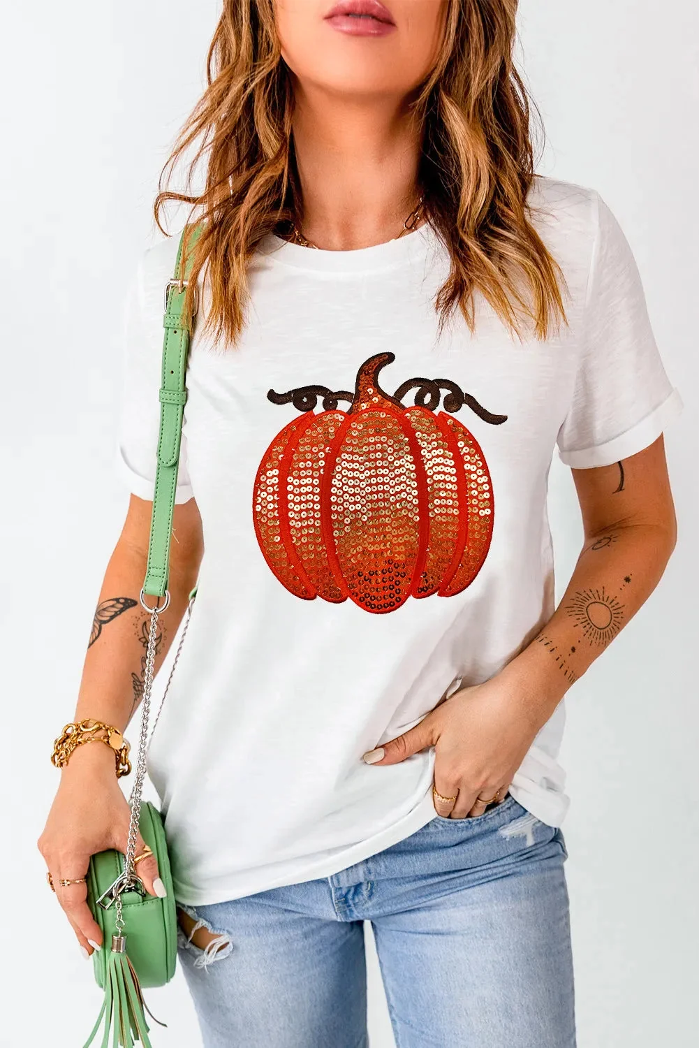 Sequin Pumpkin Round Neck Short Sleeve White T-Shirt