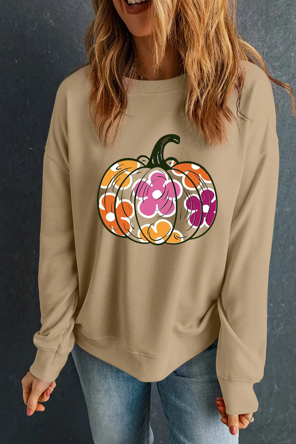 Khaki Pumpkin & Flower Long Sleeve Sweatshirt - Comfy & Stylish