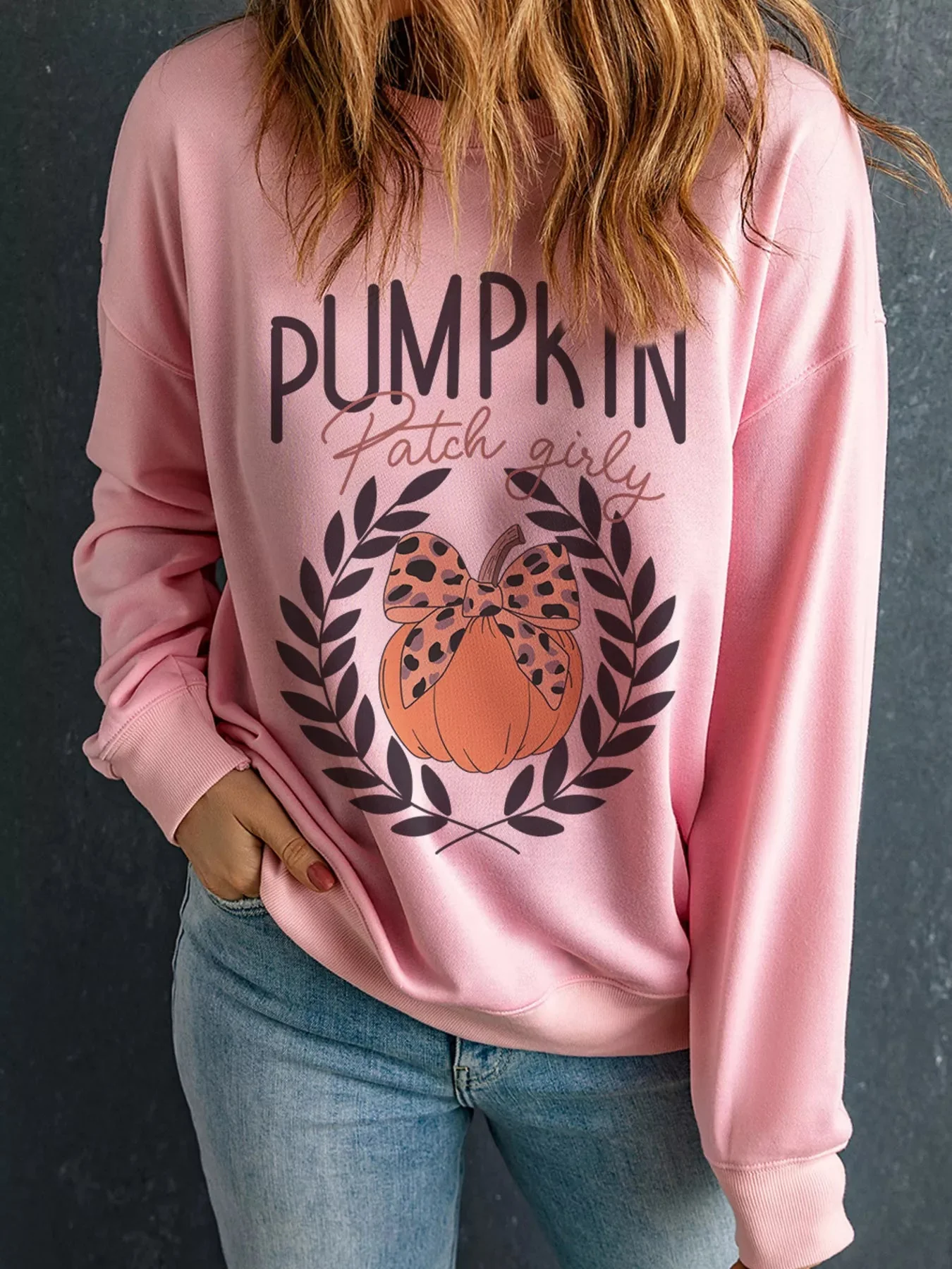 Leopard Bowknot Graphic Pumpkin Print Sweatshirt