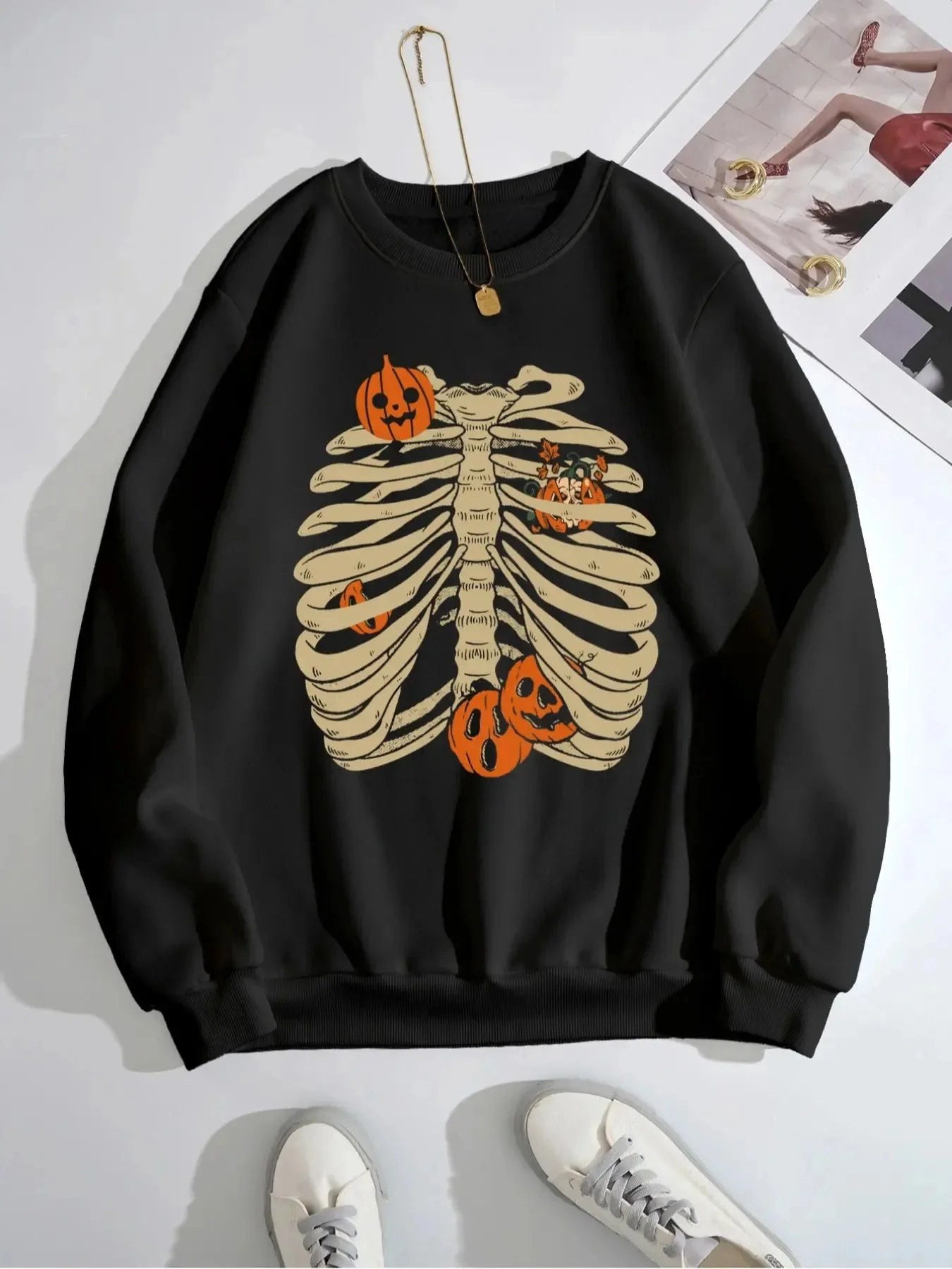 Skeleton Print Long Sleeve Hooded Sweatshirt